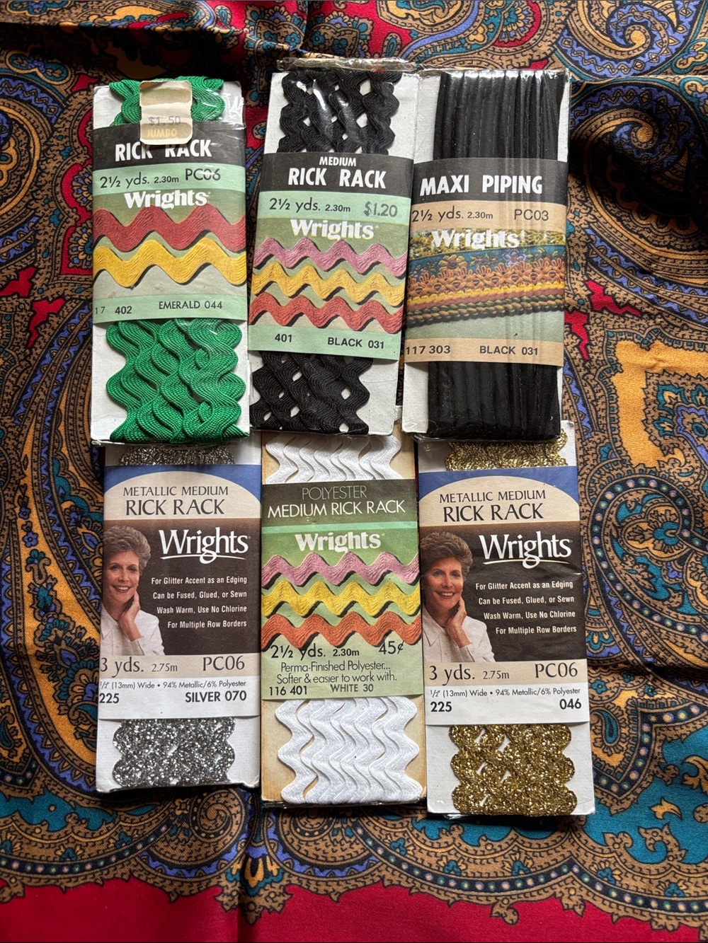 Vintage Wrights Rick Rack & Piping Trim Lot of 6 Sewing Notions Metallic